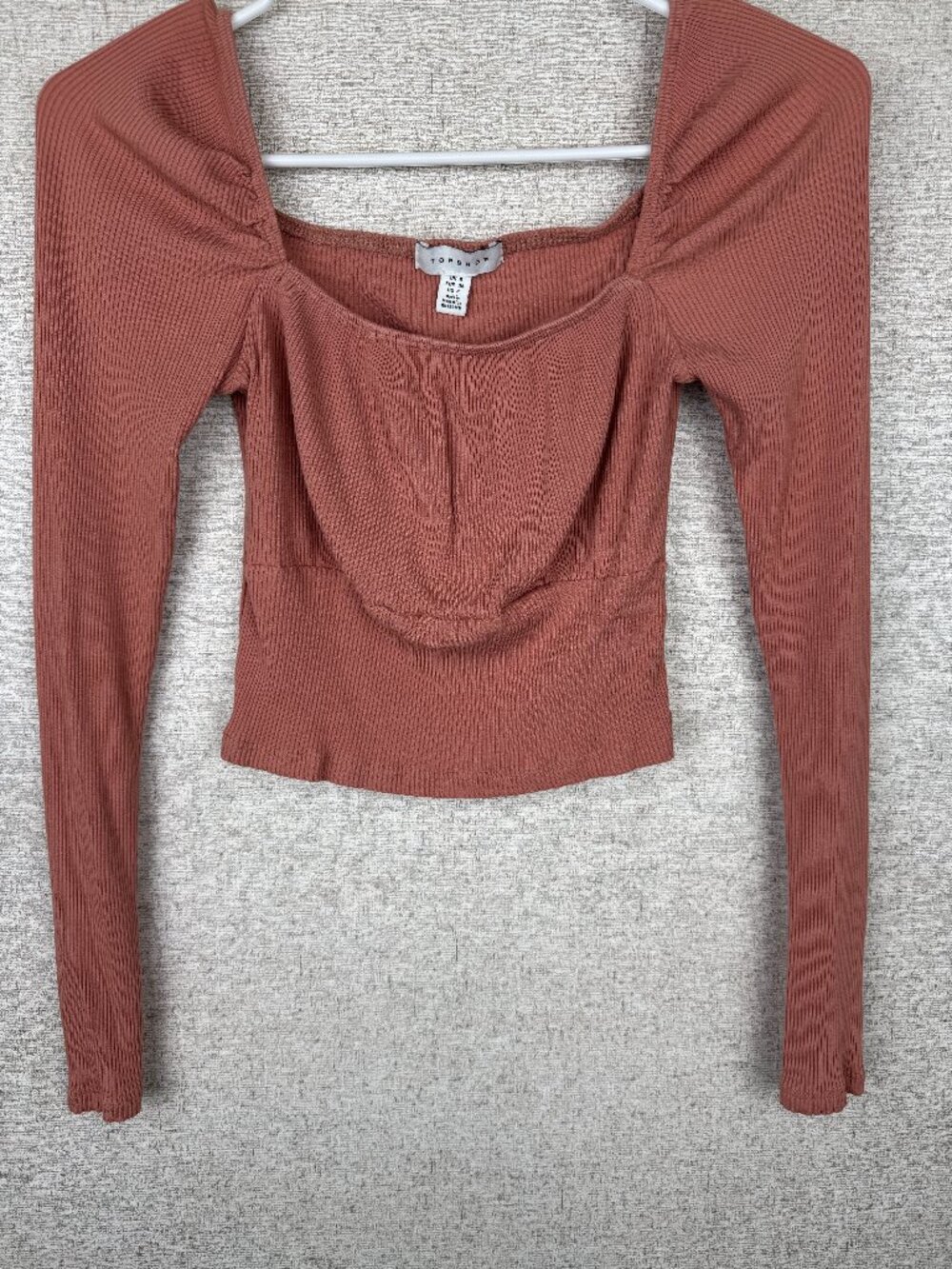 Topshop Ribbed Long Sleeve Crop Top‎ Square Neck Pink Stretch Fitted 4